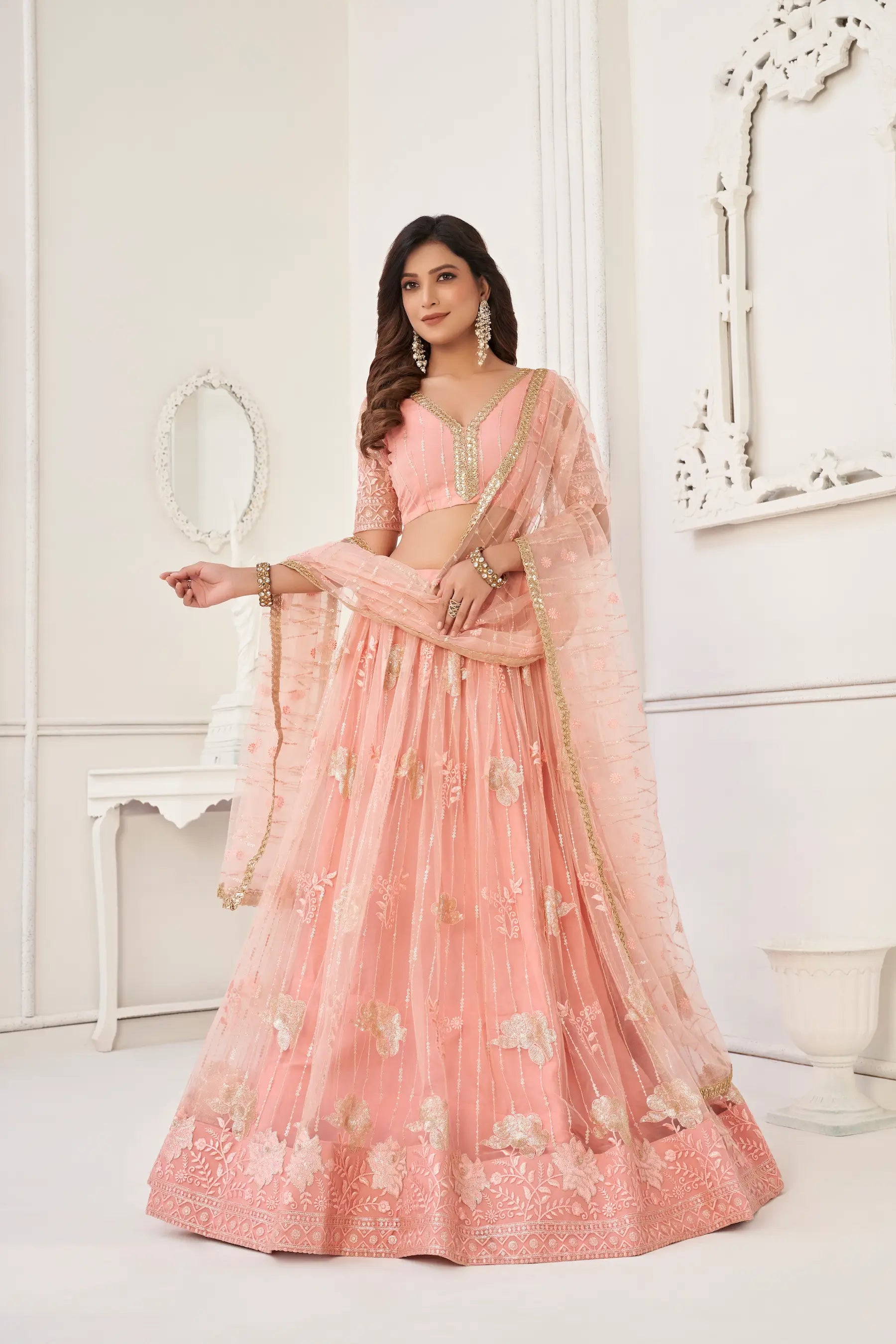 Peach Net Lehenga Choli Cotton Thread Work & Sequence Embroidery Work - qivii