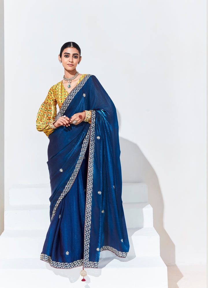 Blue Color Fancy Fabric It Is Beautified With Sequins ,Dhaga ,Thread Embroidered Work Butti On Saree