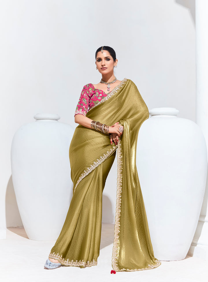 Olive Gold Color Fancy Fabric Beautified With Sequins ,Dhaga ,Thread Embroidered Work Butti On Saree