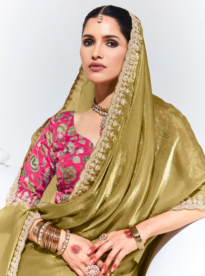 Olive Gold Color Fancy Fabric Beautified With Sequins ,Dhaga ,Thread Embroidered Work Butti On Saree