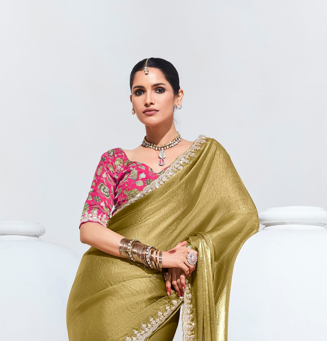 Olive Gold Color Fancy Fabric Beautified With Sequins ,Dhaga ,Thread Embroidered Work Butti On Saree