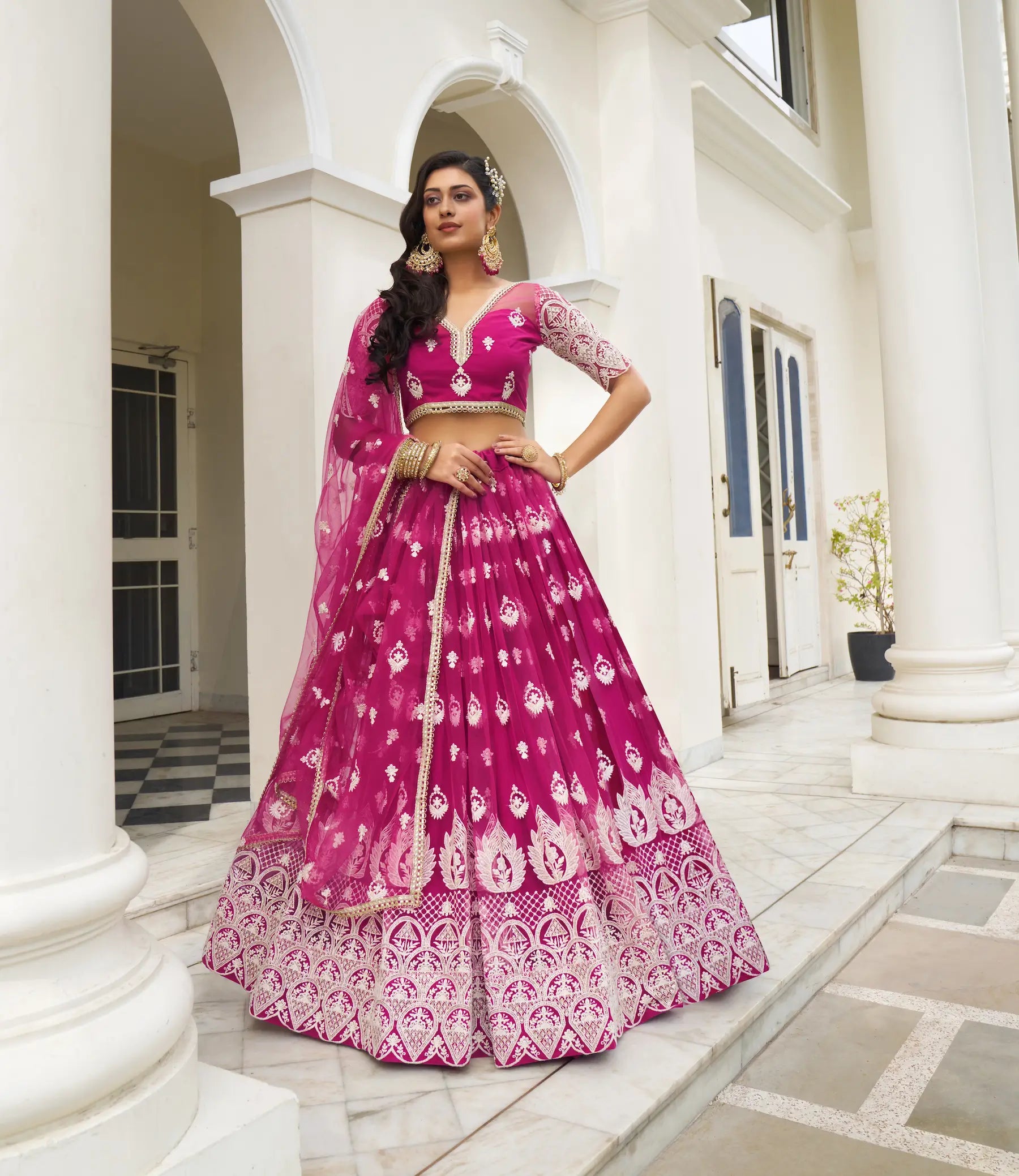 Dark Pink Net Lehenga Choli With Cotton Thread Work & Sequence Embroidery Work - qivii