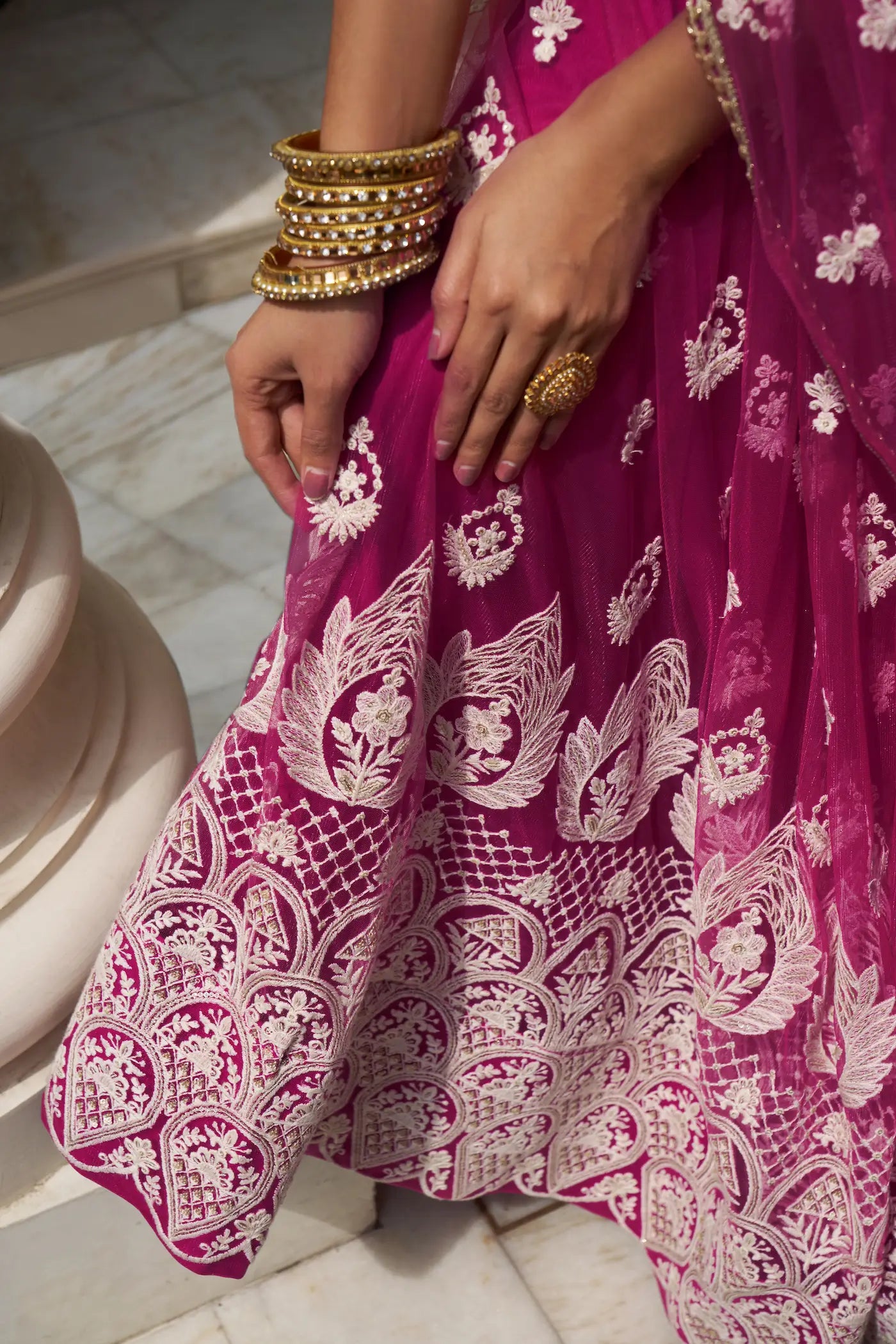 Dark Pink Net Lehenga Choli With Cotton Thread Work & Sequence Embroidery Work - qivii