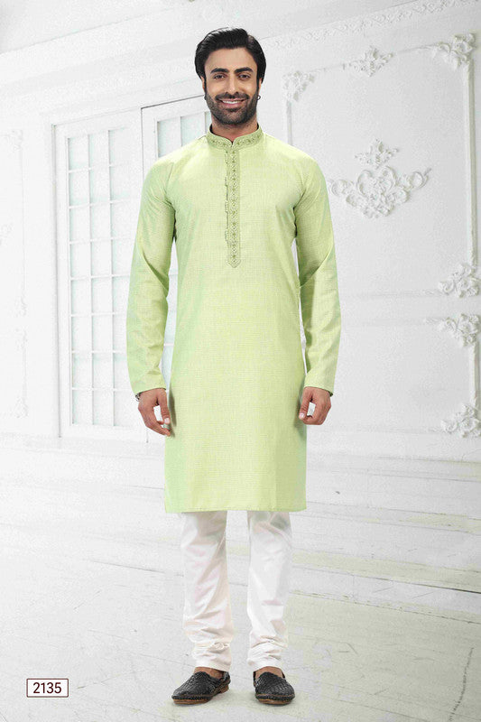 Men's Pista Green Linen Cotton Thread Work Collar Neck Pajama Set