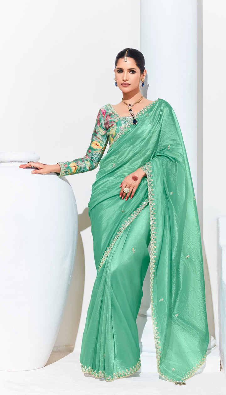 Green Color Fancy Fabric Beautified With Sequins ,Dhaga ,Thread Embroidered Work Butti On Saree