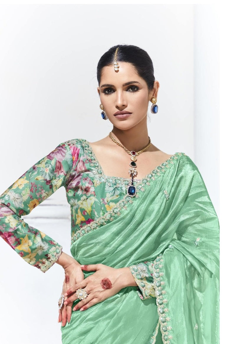 Green Color Fancy Fabric Beautified With Sequins ,Dhaga ,Thread Embroidered Work Butti On Saree