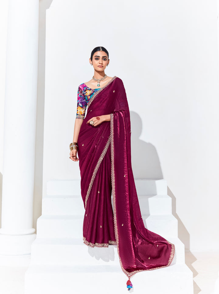 Wine Color Fancy Fabric Beautified With Sequins ,Dhaga ,Thread Embroidered Work Butti On Saree