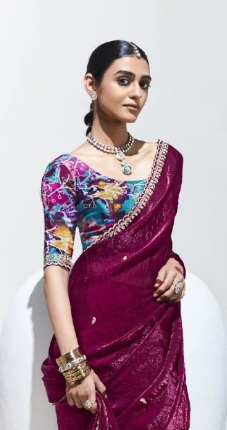 Wine Color Fancy Fabric Beautified With Sequins ,Dhaga ,Thread Embroidered Work Butti On Saree