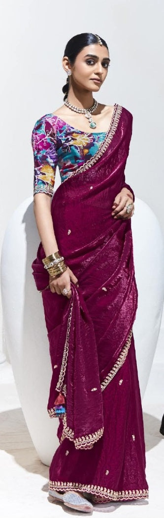 Wine Color Fancy Fabric Beautified With Sequins ,Dhaga ,Thread Embroidered Work Butti On Saree