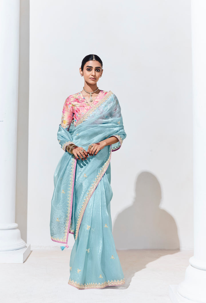 Sky Blue Fancy Fabric Beautified With Sequins ,Dhaga ,Thread Embroidered Work Butti On Saree