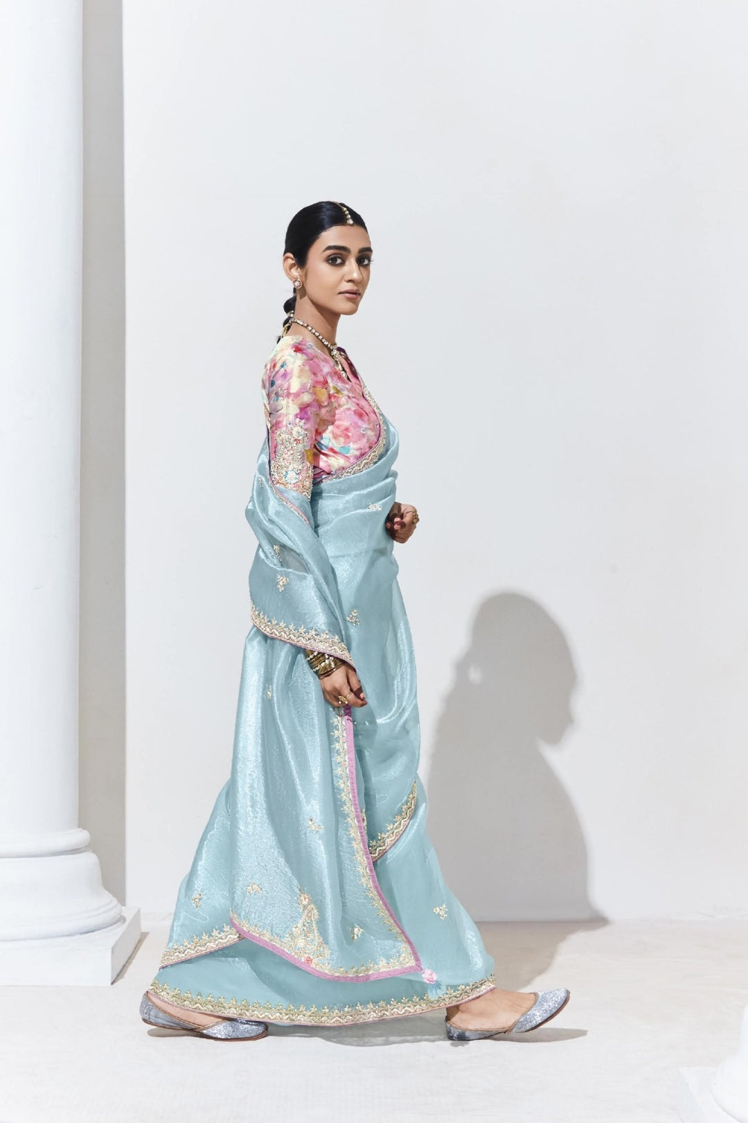 Sky Blue Fancy Fabric Beautified With Sequins ,Dhaga ,Thread Embroidered Work Butti On Saree