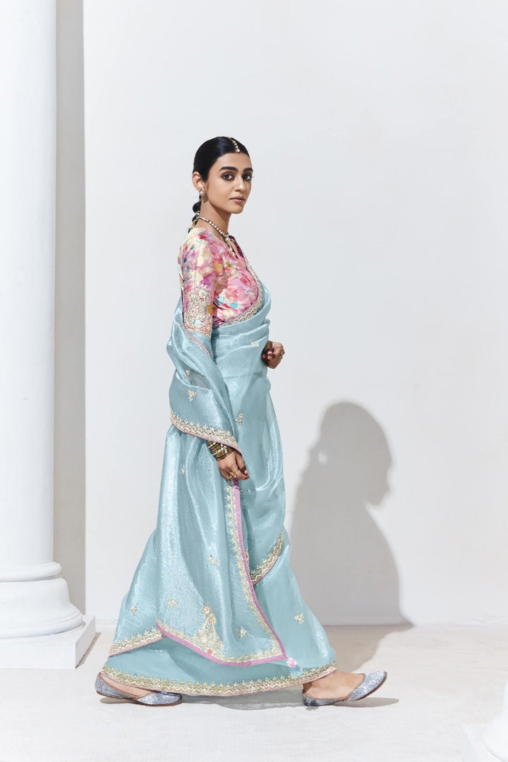 Sky Blue Fancy Fabric Beautified With Sequins ,Dhaga ,Thread Embroidered Work Butti On Saree