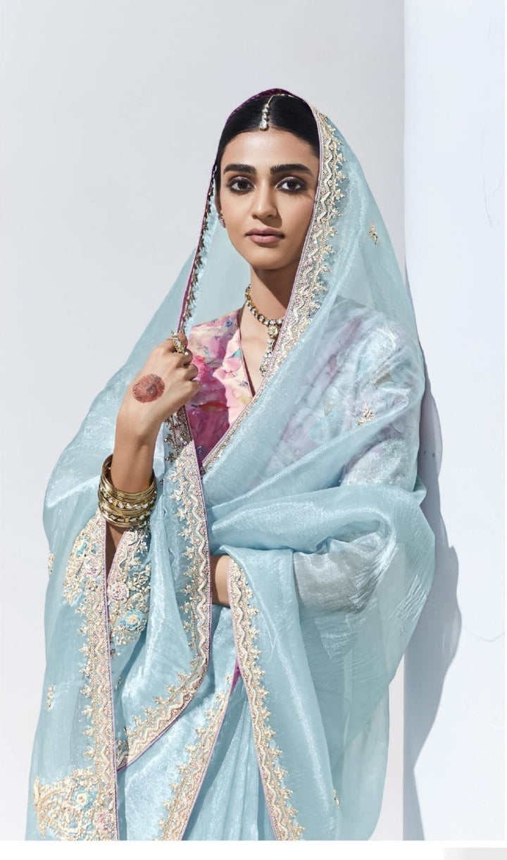 Sky Blue Fancy Fabric Beautified With Sequins ,Dhaga ,Thread Embroidered Work Butti On Saree