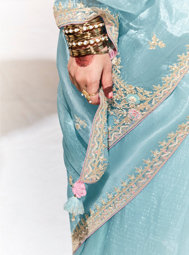 Sky Blue Fancy Fabric Beautified With Sequins ,Dhaga ,Thread Embroidered Work Butti On Saree