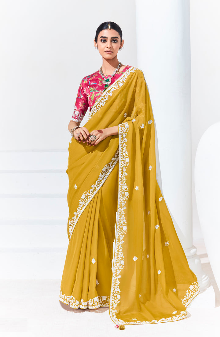 Mustard Color Fancy Fabric Beautified With Sequins ,Dhaga ,Thread Embroidered Work Butti On Saree