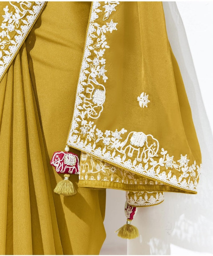 Mustard Color Fancy Fabric Beautified With Sequins ,Dhaga ,Thread Embroidered Work Butti On Saree