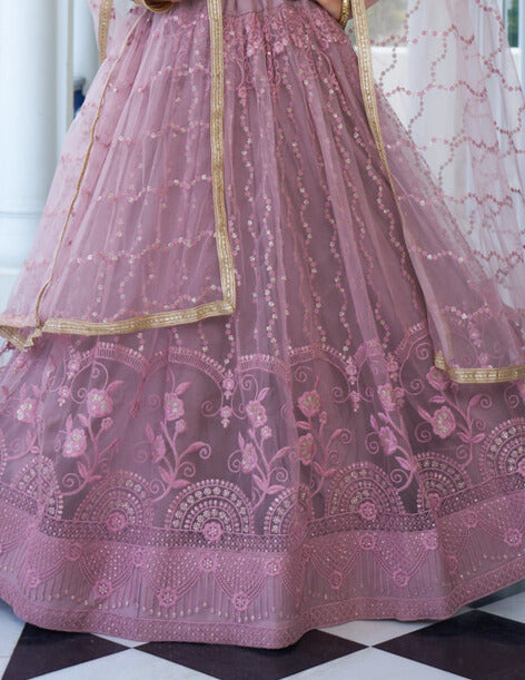 DUSY PINK BUTTERFLY NET WITH TONE TO TONE COTTAN THREAD WORK AND SEQUENCE WORK EMBROIDERY