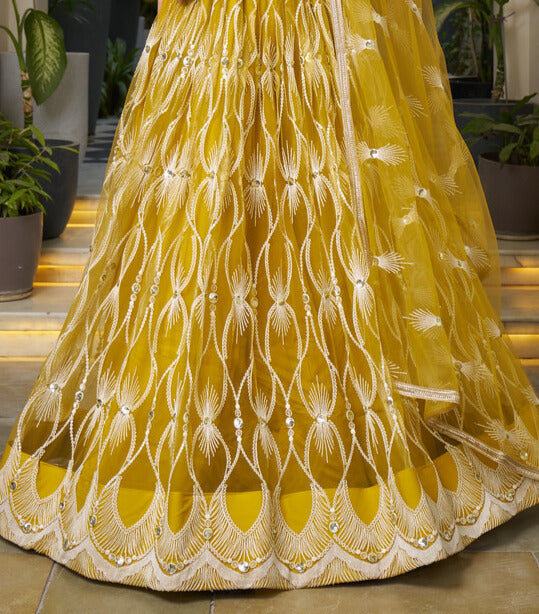 MUSTARD YELLOW BUTTERFLY NET WITH WHITE COTTON THREAD WORK AND SEQUENCE WORK EMBROIDERY