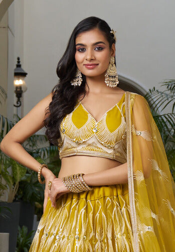 MUSTARD YELLOW BUTTERFLY NET WITH WHITE COTTON THREAD WORK AND SEQUENCE WORK EMBROIDERY