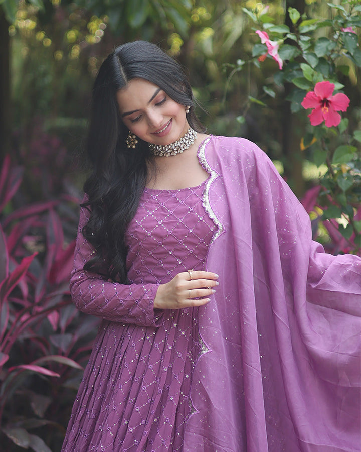  Elegant Lavender Anarkali Gown With Matching Dupatta By Qivii 