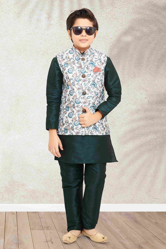 Boy's Pista Green Banarasi Silk Digital Printed Jacket Set
