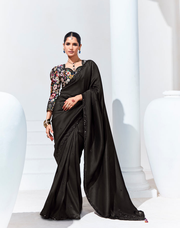 Black Color Fancy Fabric Beautified With Sequins ,Dhaga ,Thread Embroidered Work Butti On Saree