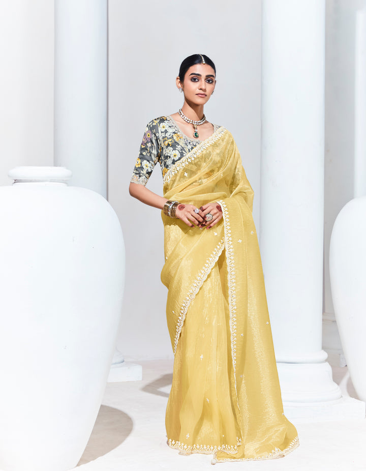 Yellow Color Fancy Fabric Beautified With Sequins ,Dhaga ,Thread Embroidered Work Butti On Saree