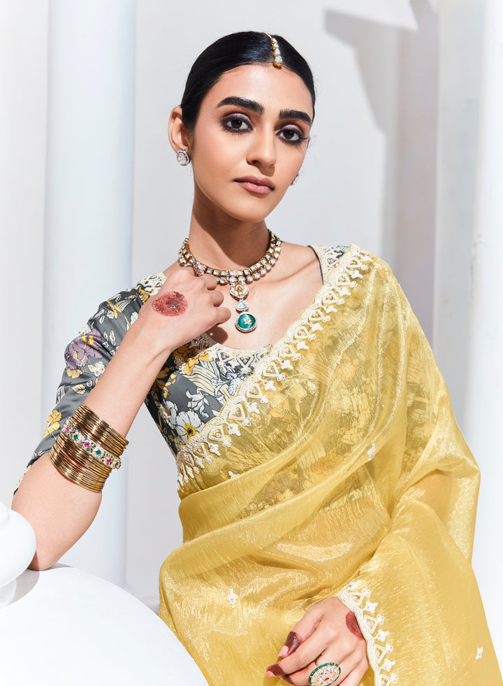 Yellow Color Fancy Fabric Beautified With Sequins ,Dhaga ,Thread Embroidered Work Butti On Saree