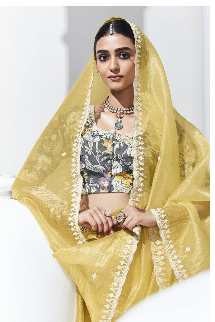 Yellow Color Fancy Fabric Beautified With Sequins ,Dhaga ,Thread Embroidered Work Butti On Saree