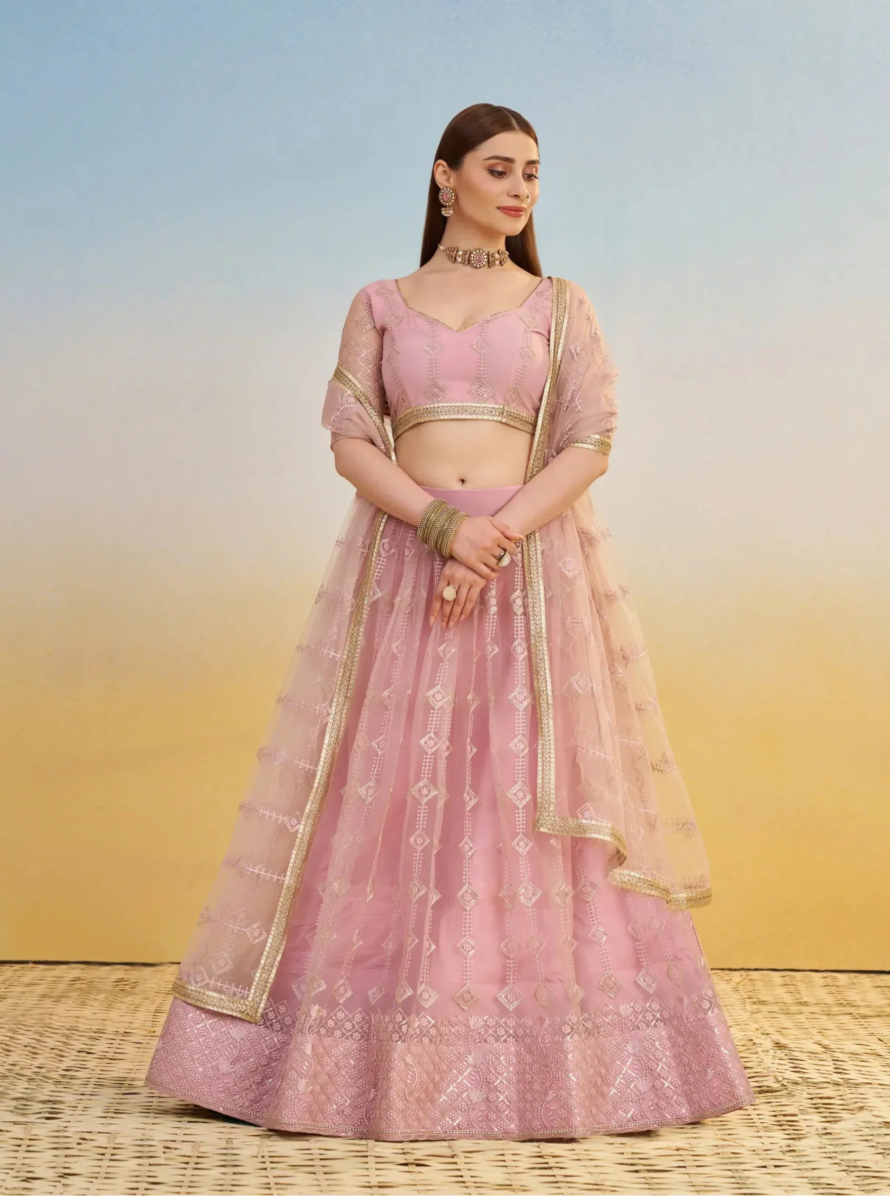 Light Pink Net Lehenga Choli With Thread & Sequins Embroidery Work - qivii
