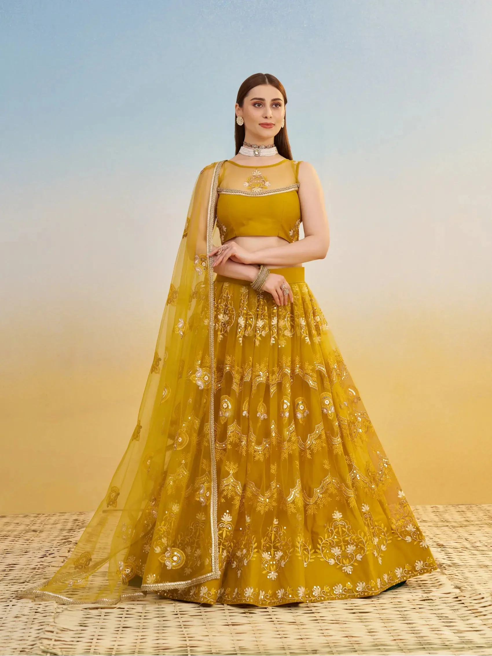 Yellow Net Lehenga Choli With Thread & Sequins Embroidery Work - qivii