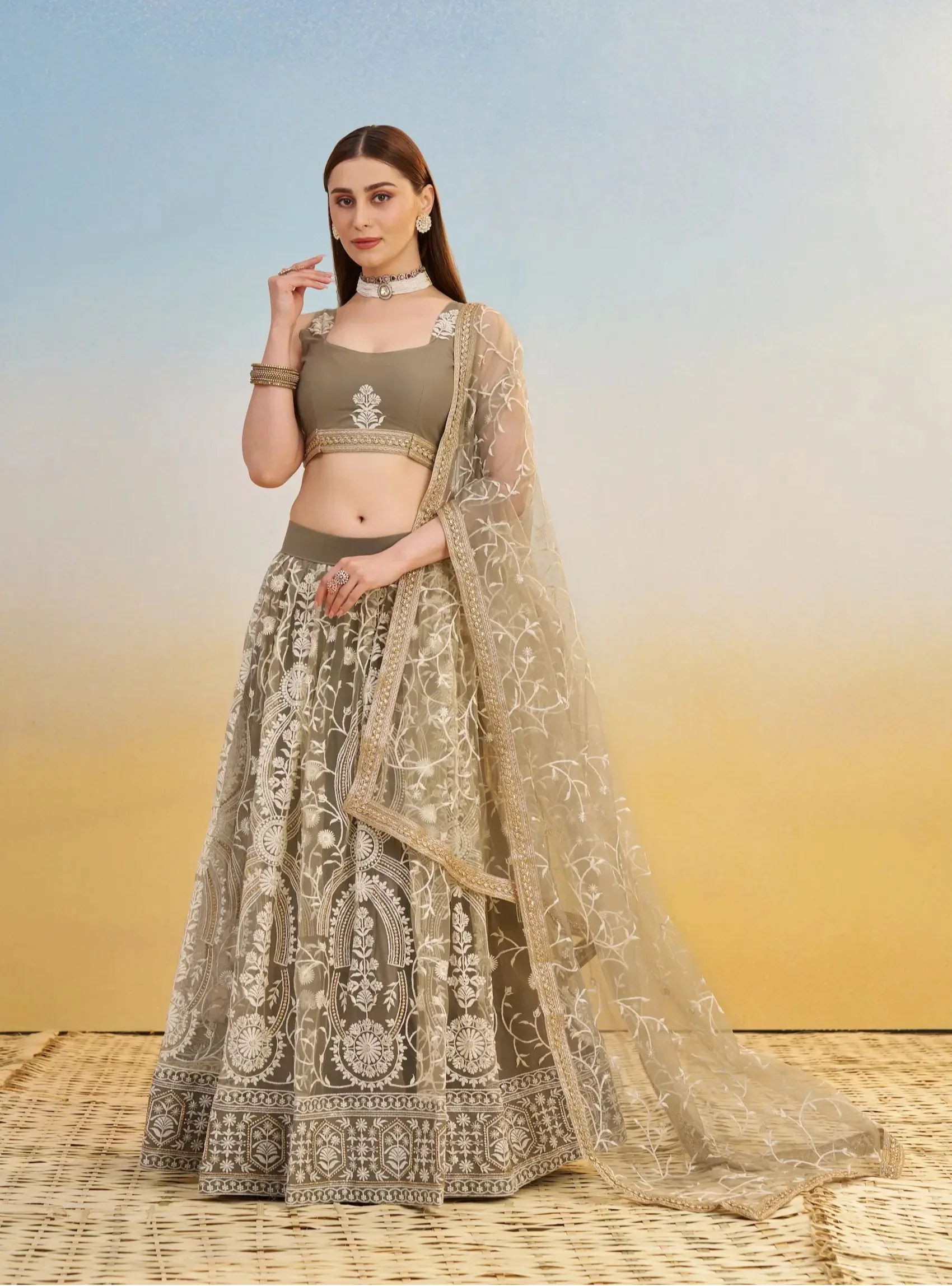 Dark Beige Net Lehenga Choli With Thread & Sequins Embroidery Work - qivii