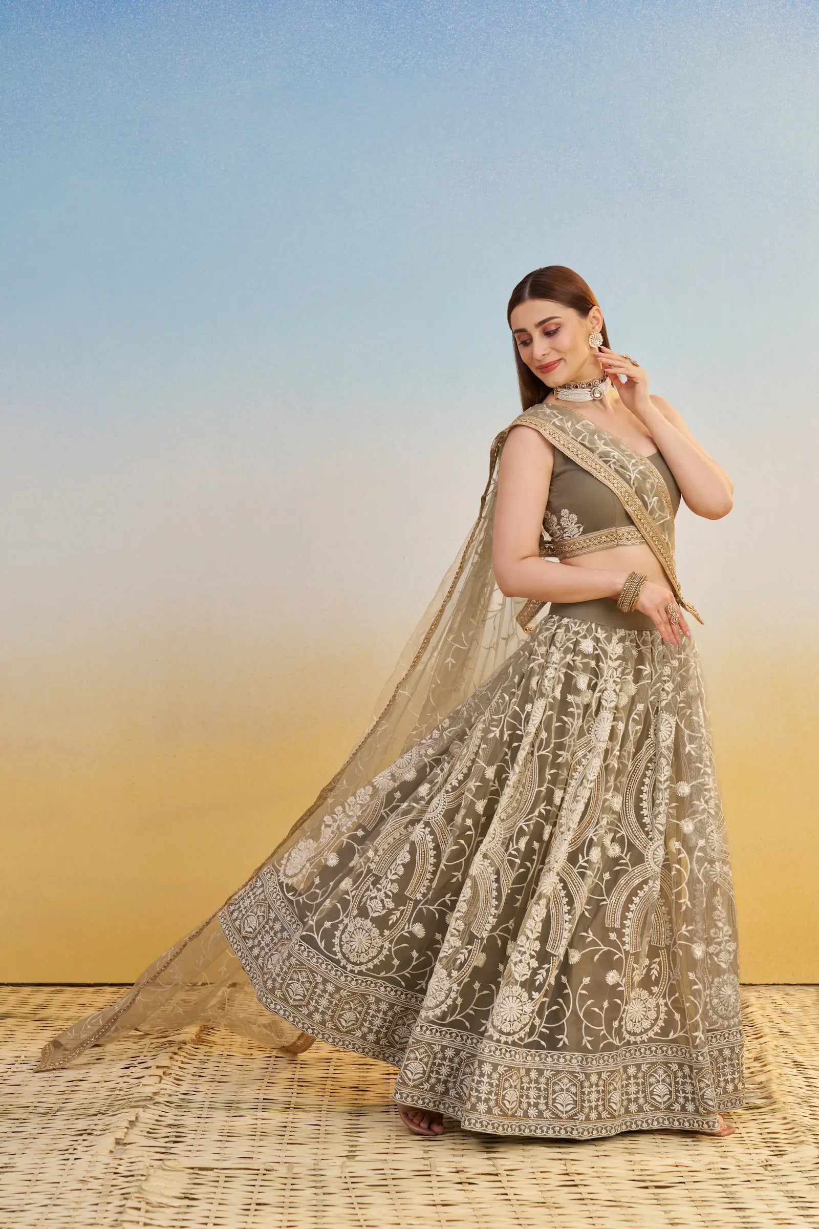 Dark Beige Net Lehenga Choli With Thread & Sequins Embroidery Work - qivii