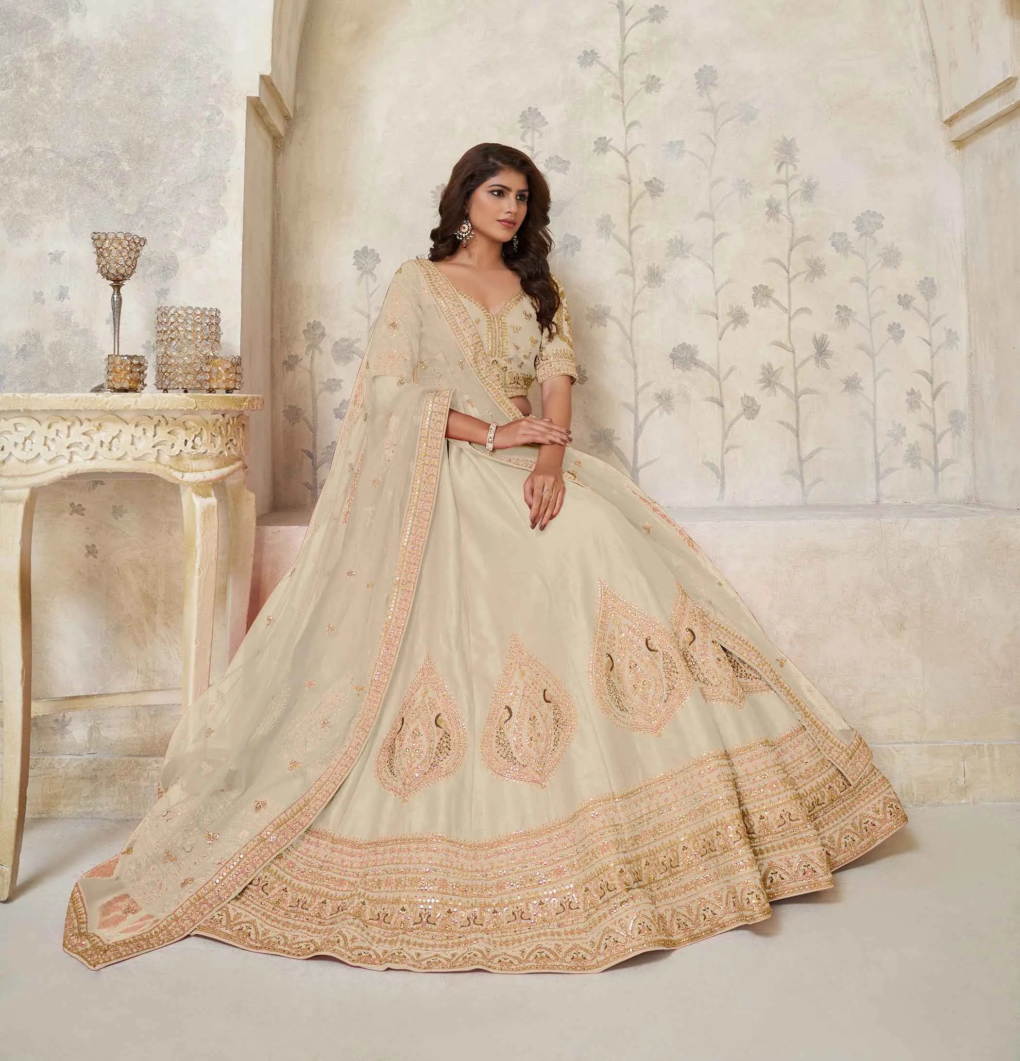 Elegant Beige Wedding Lehenga With Leaf Embroidery - qivii