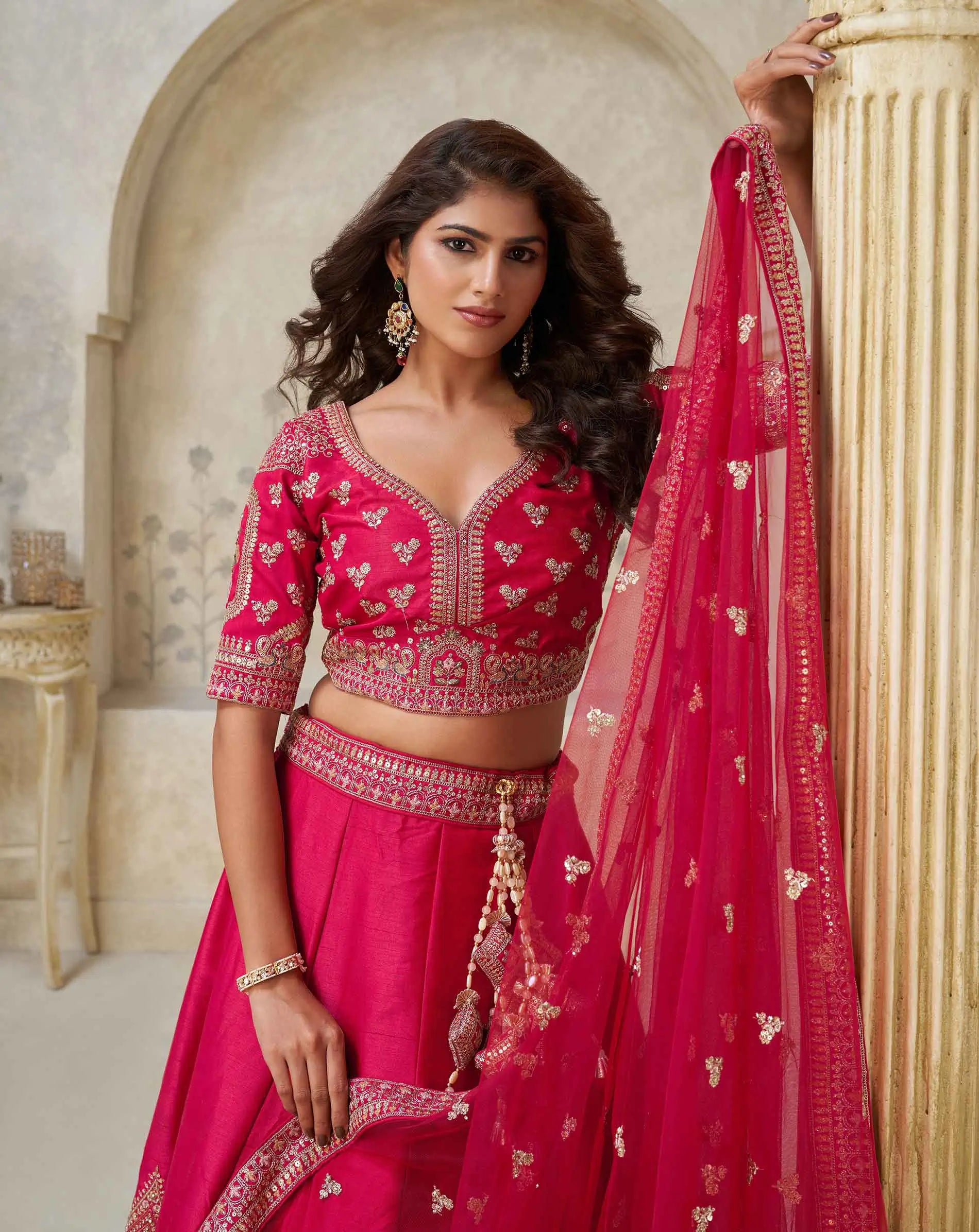 Pink Wedding Lehenga With Leaf Motifs - qivii