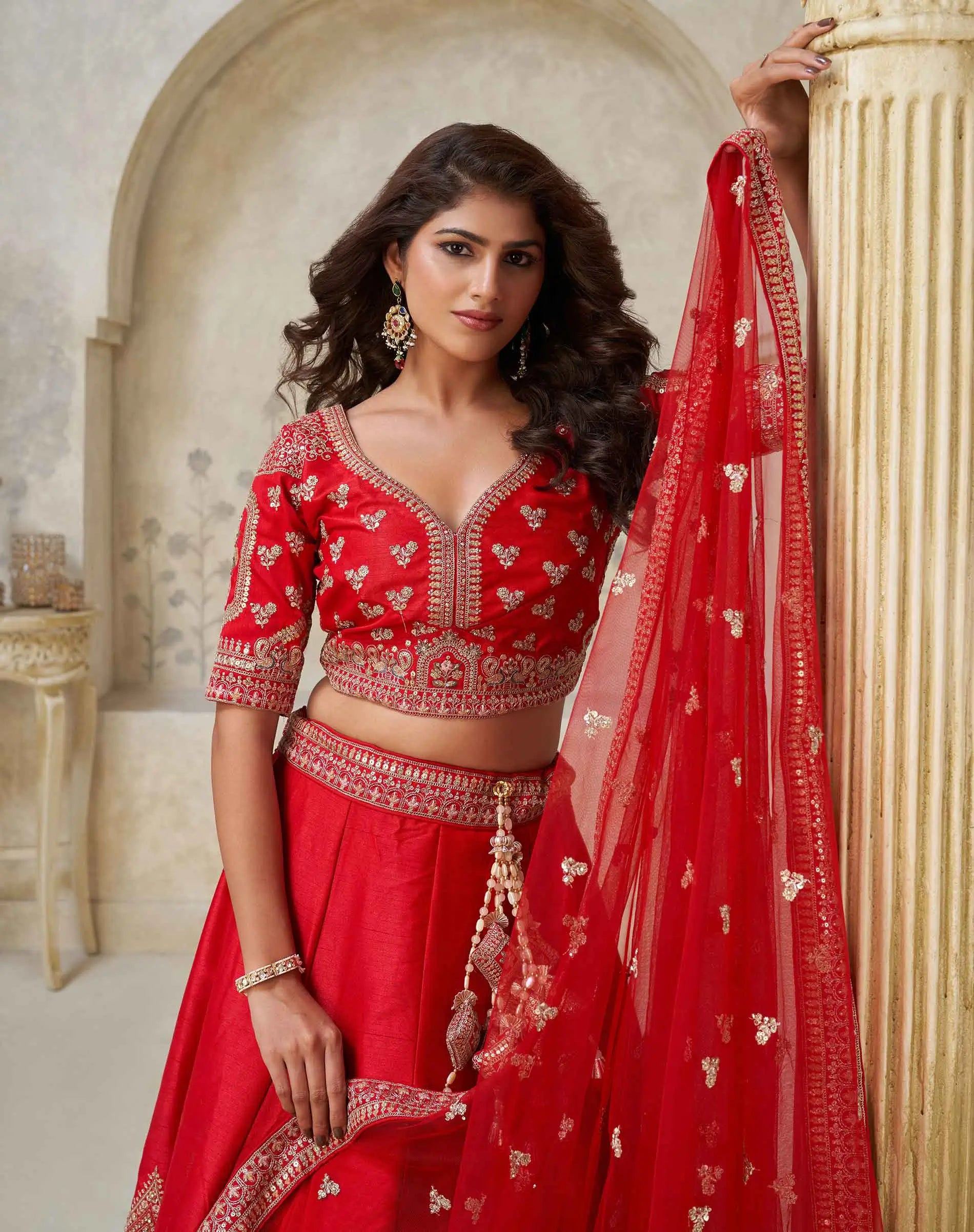 Red Wedding Silk Lehenga With Leaf Embroidery - qivii