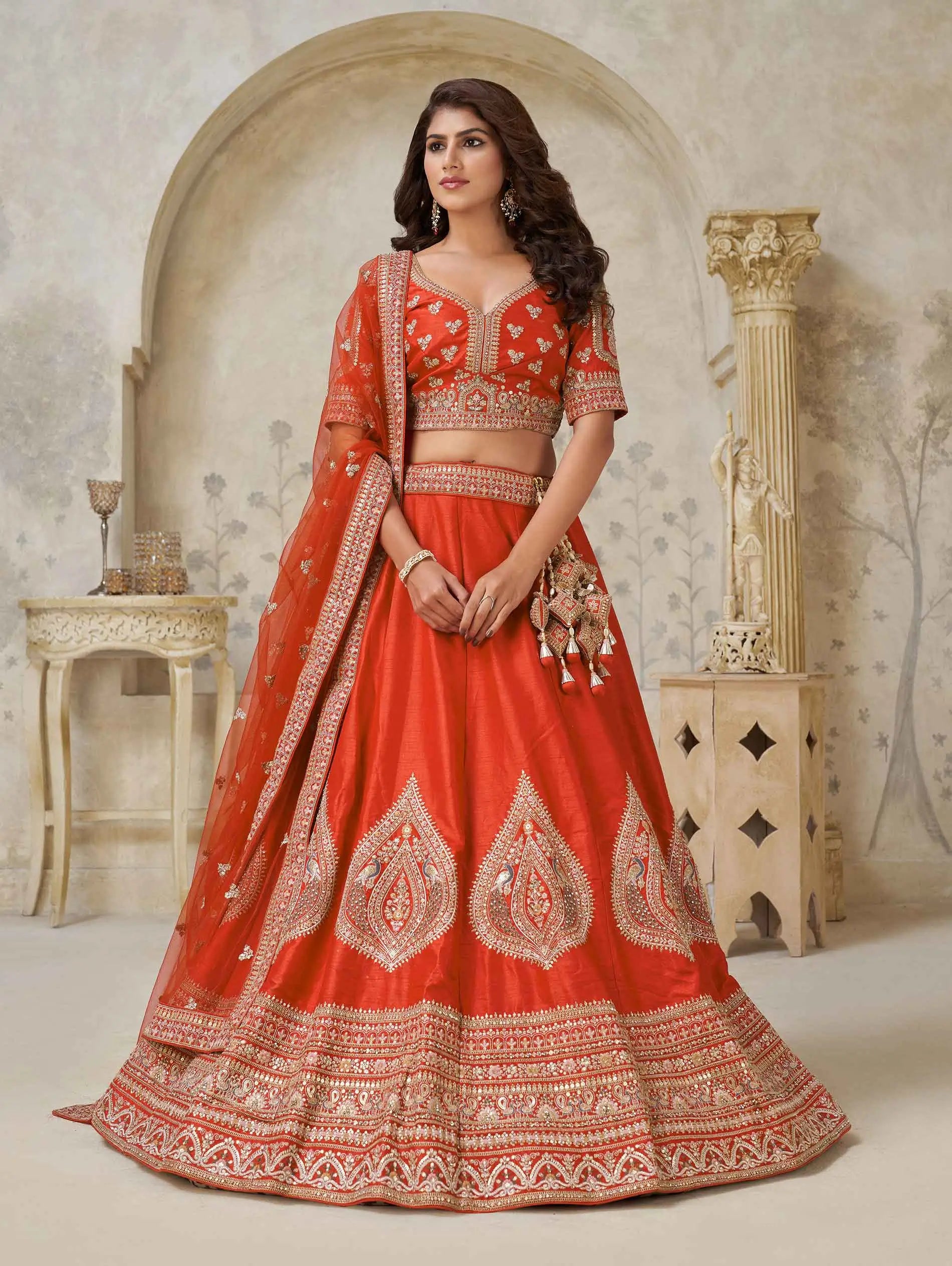 Trendy Rust Leaf Embroidery Wedding Lehenga - qivii