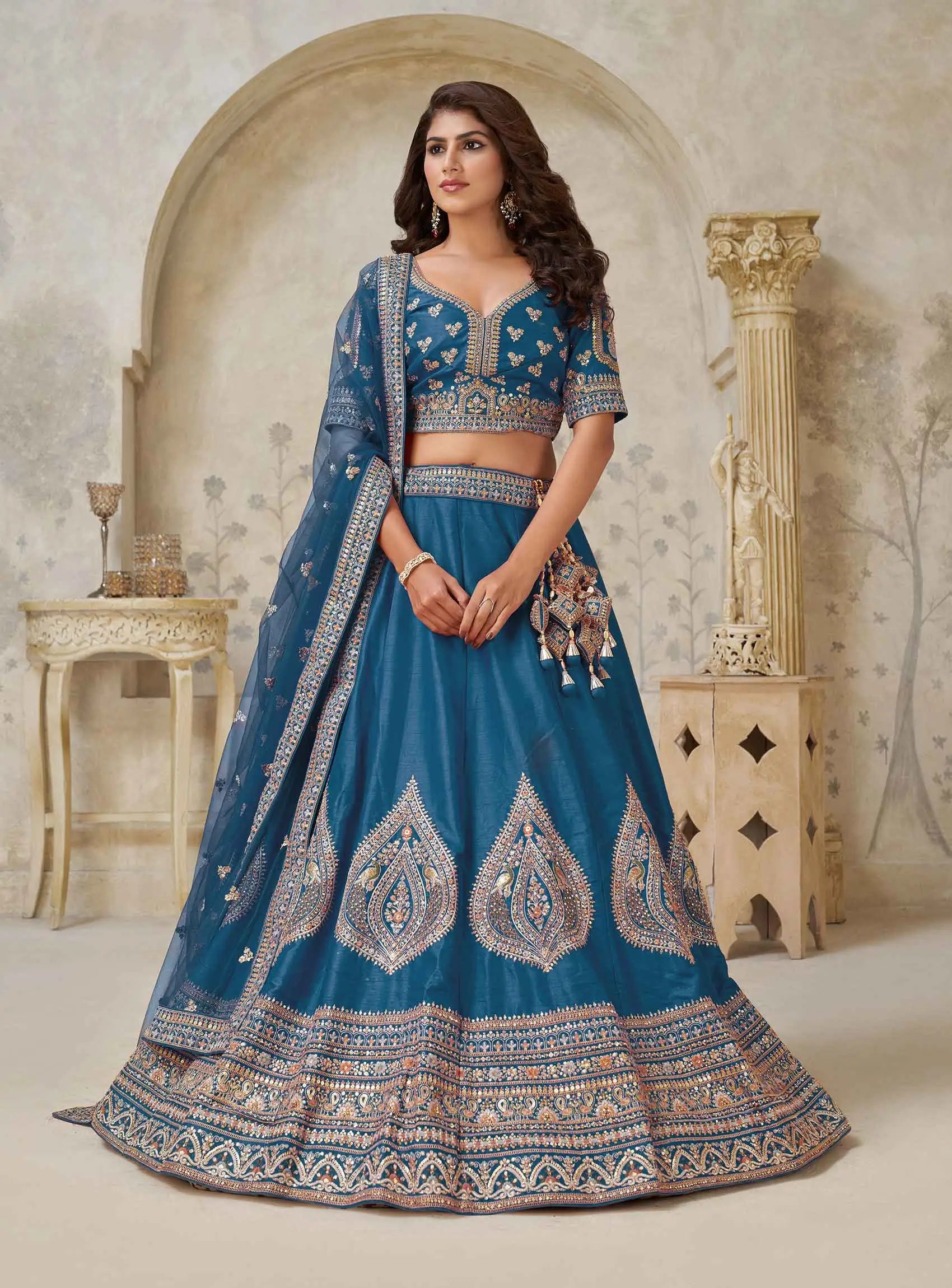 Teal Blue Elegant Wedding lehenga With Zari Work - qivii