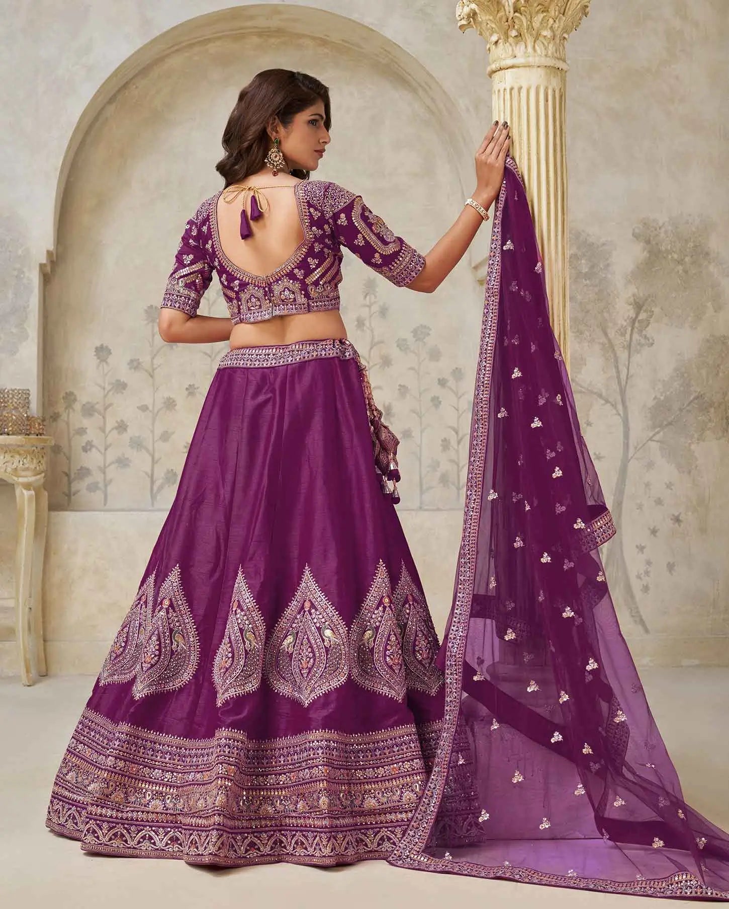 Wine Wedding Lehenga With Leaf Motifs - qivii