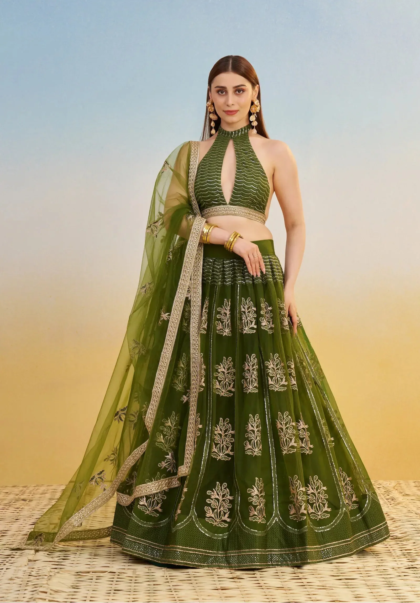 Olive Green Net Lehenga Choli With Thread & Sequins Embroidery Work - qivii