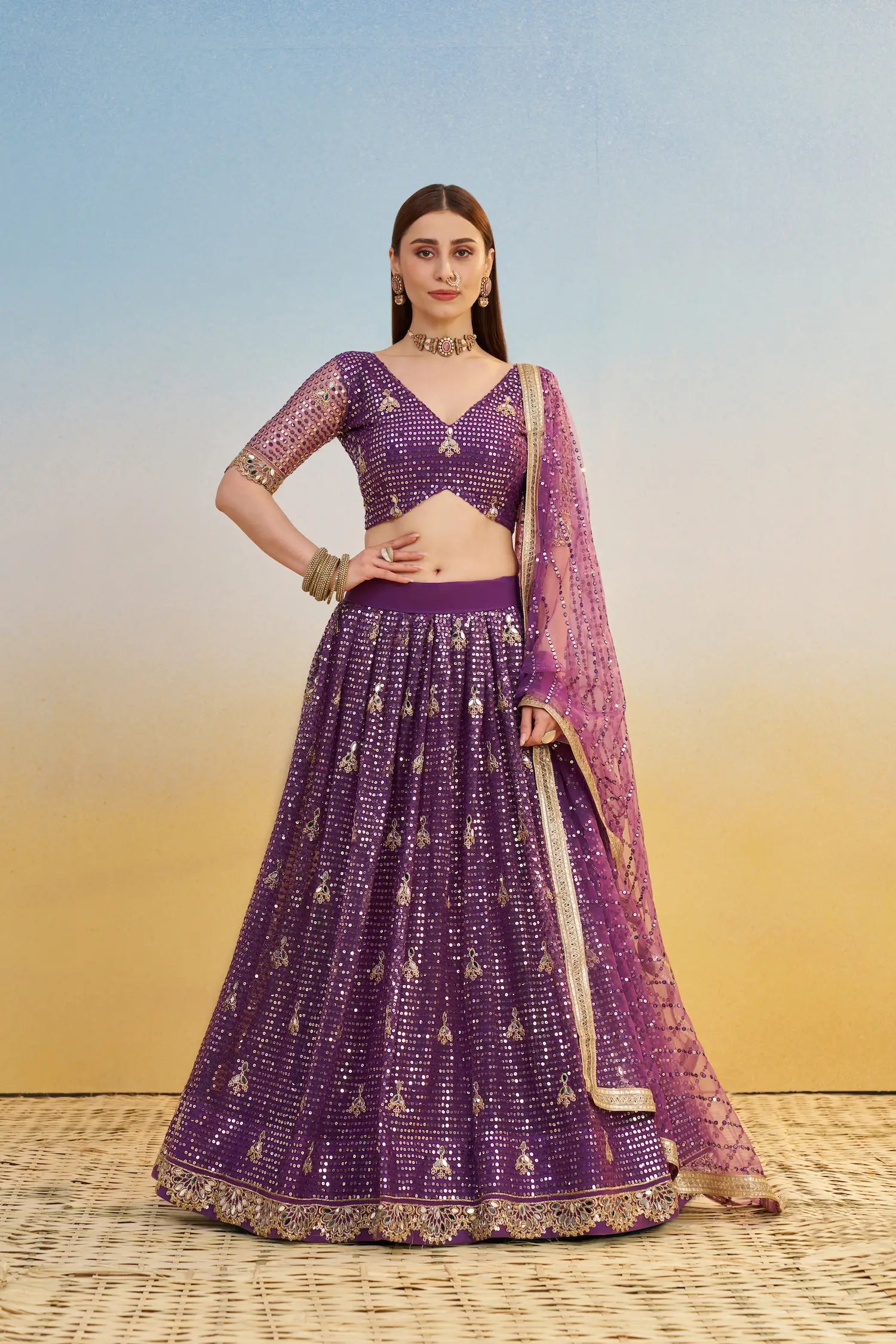 Dark Purple Net Lehenga Choli With Thread & Sequins Embroidery Work - qivii