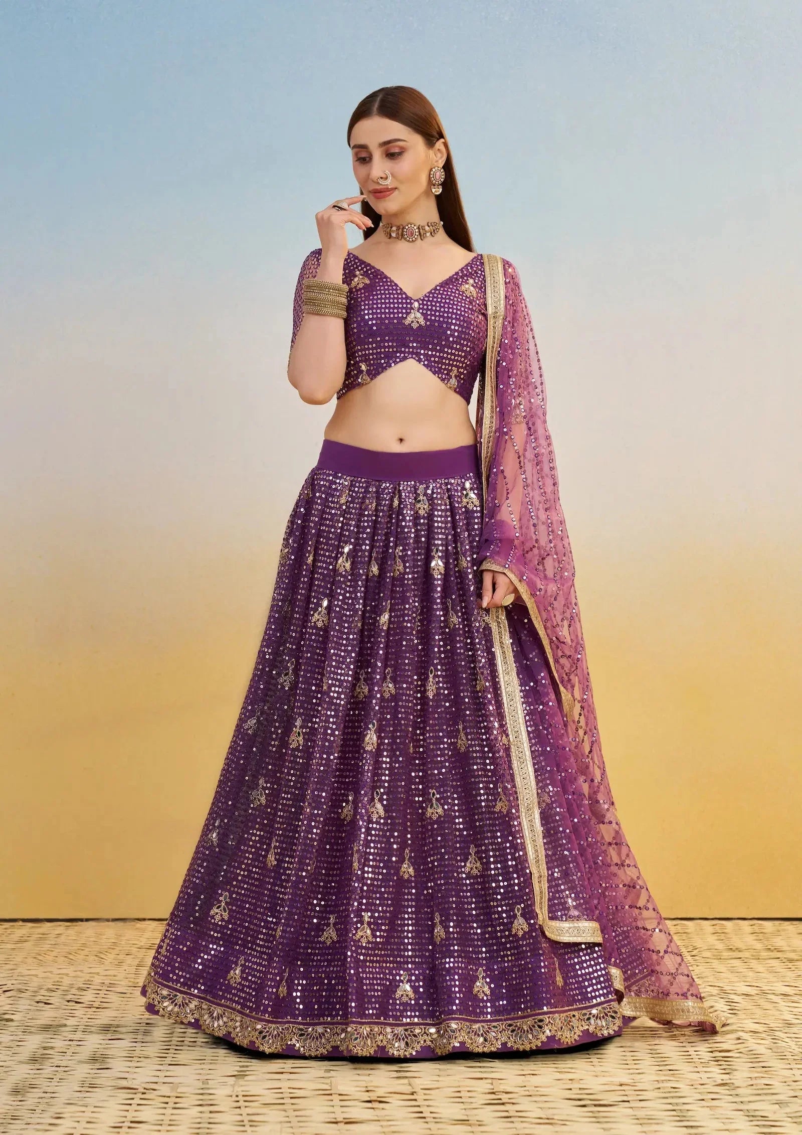 Dark Purple Net Lehenga Choli With Thread & Sequins Embroidery Work - qivii