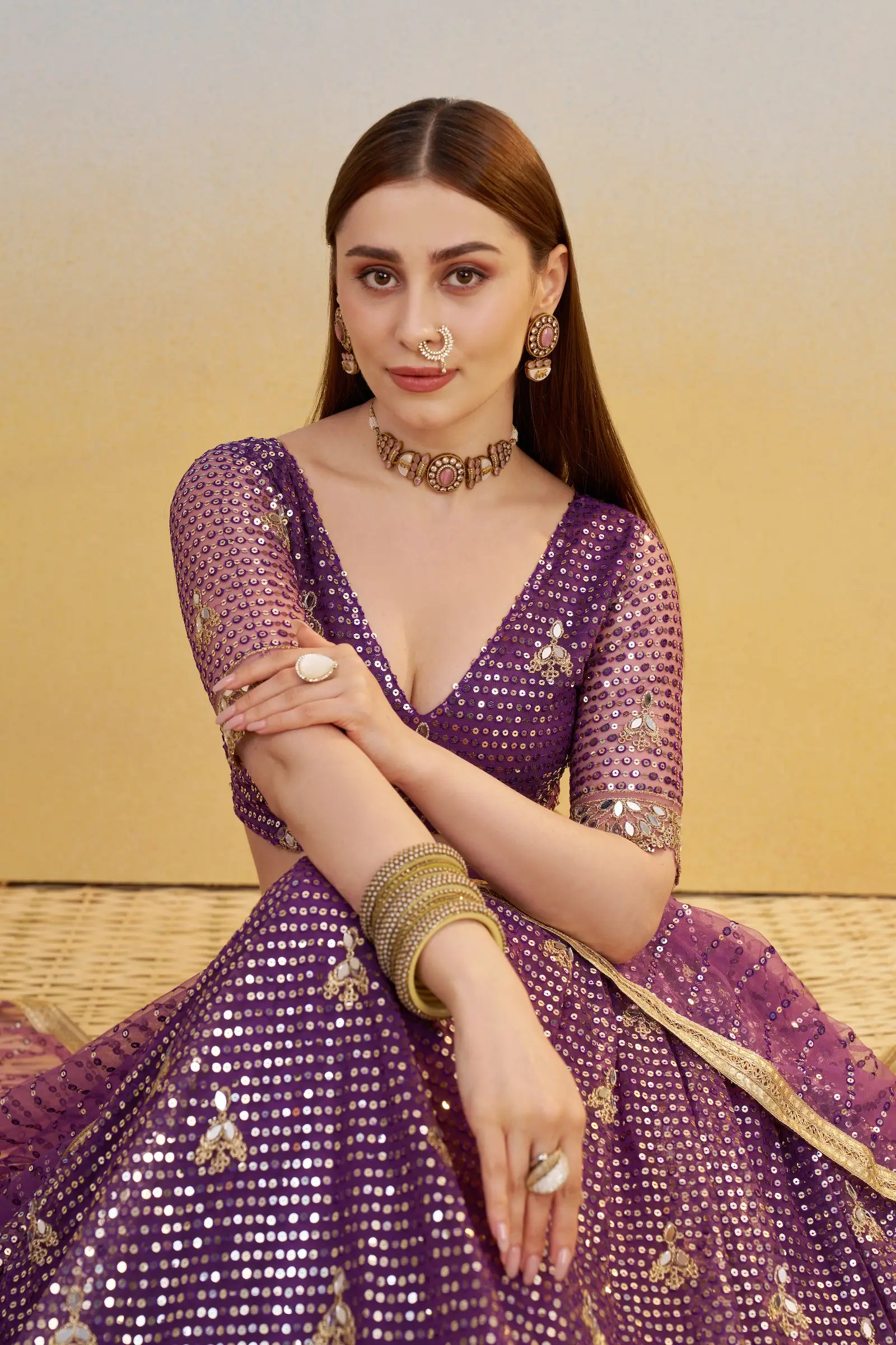 Dark Purple Net Lehenga Choli With Thread & Sequins Embroidery Work - qivii