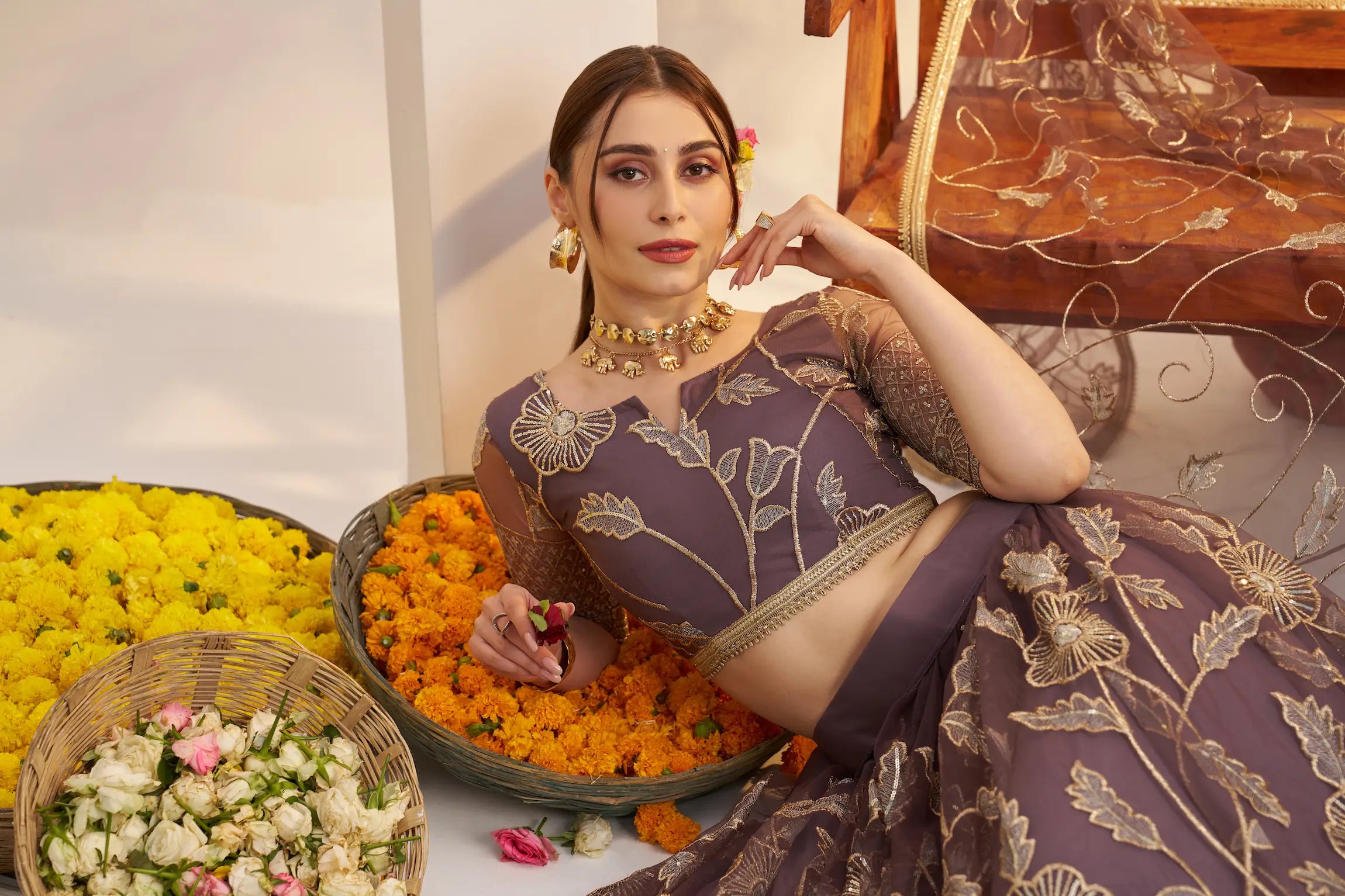 Dark Onion Net Lehenga Choli With Embroidery Work - qivii