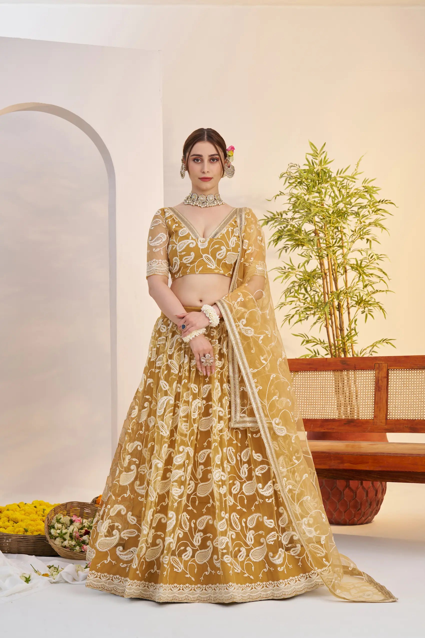 Golden Yellow Net Lehenga Choli With Embroidery Work - qivii