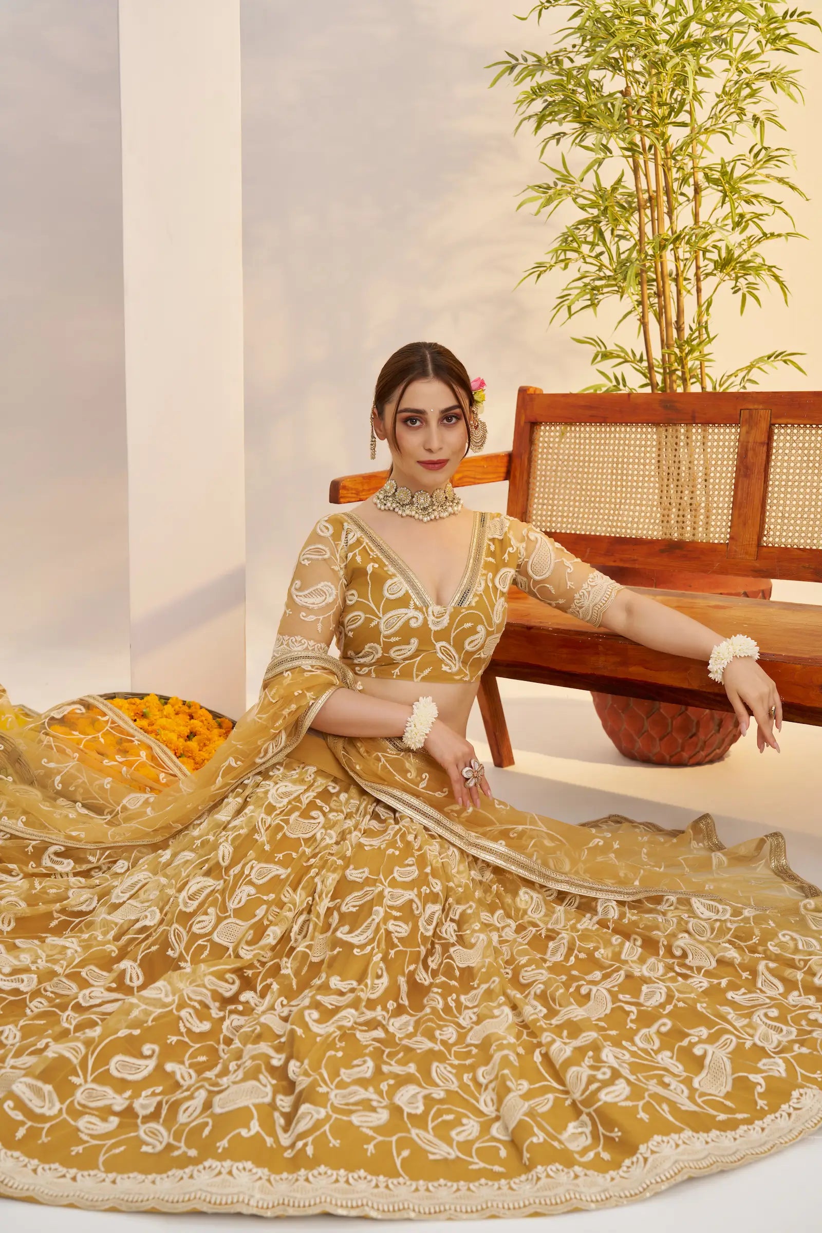 Golden Yellow Net Lehenga Choli With Embroidery Work - qivii