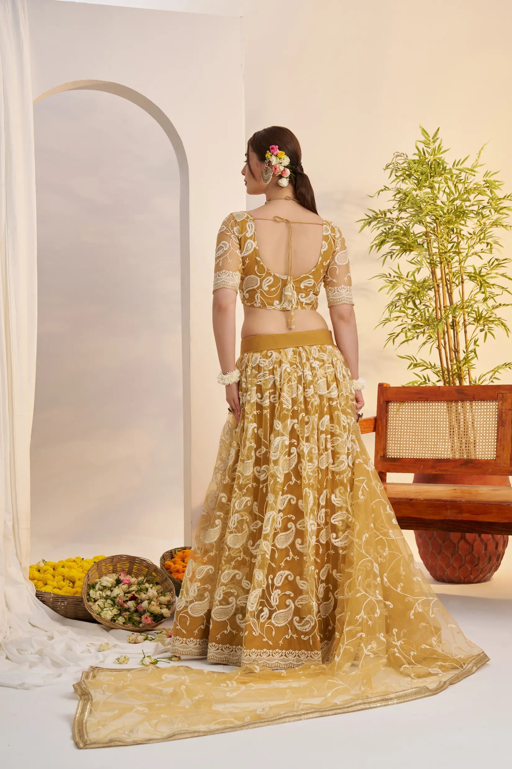 Golden Yellow Net Lehenga Choli With Embroidery Work - qivii