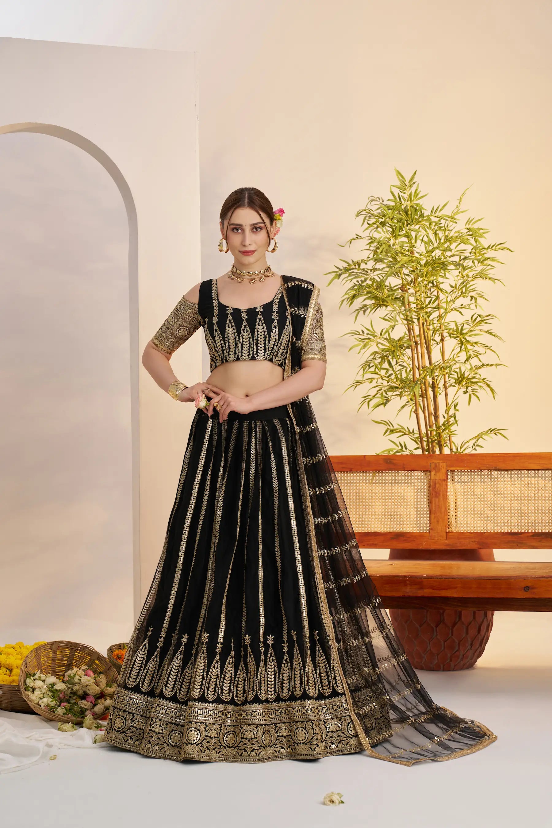 Black Net Lehenga Choli With Embroidery Work - qivii