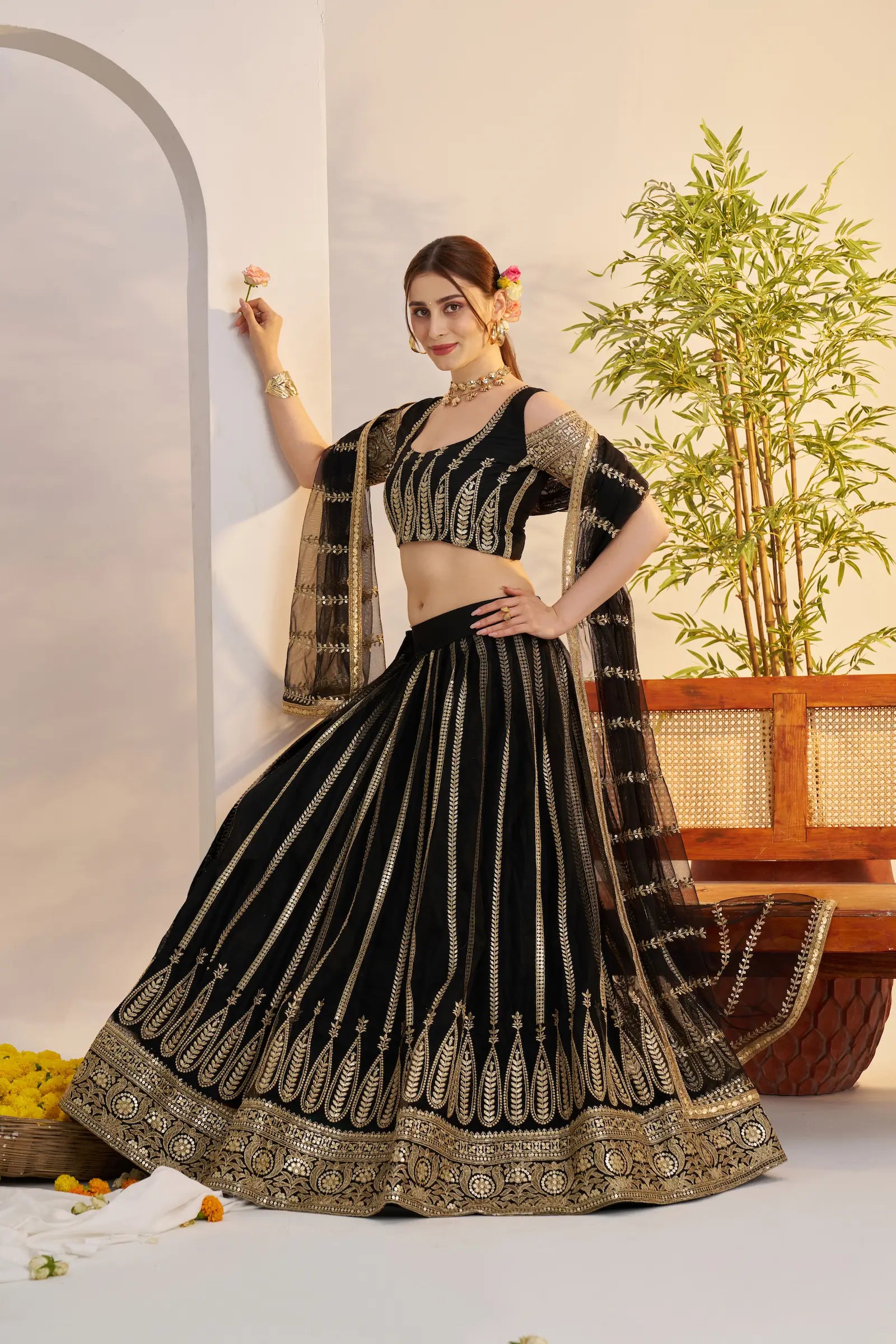 Black Net Lehenga Choli With Embroidery Work - qivii