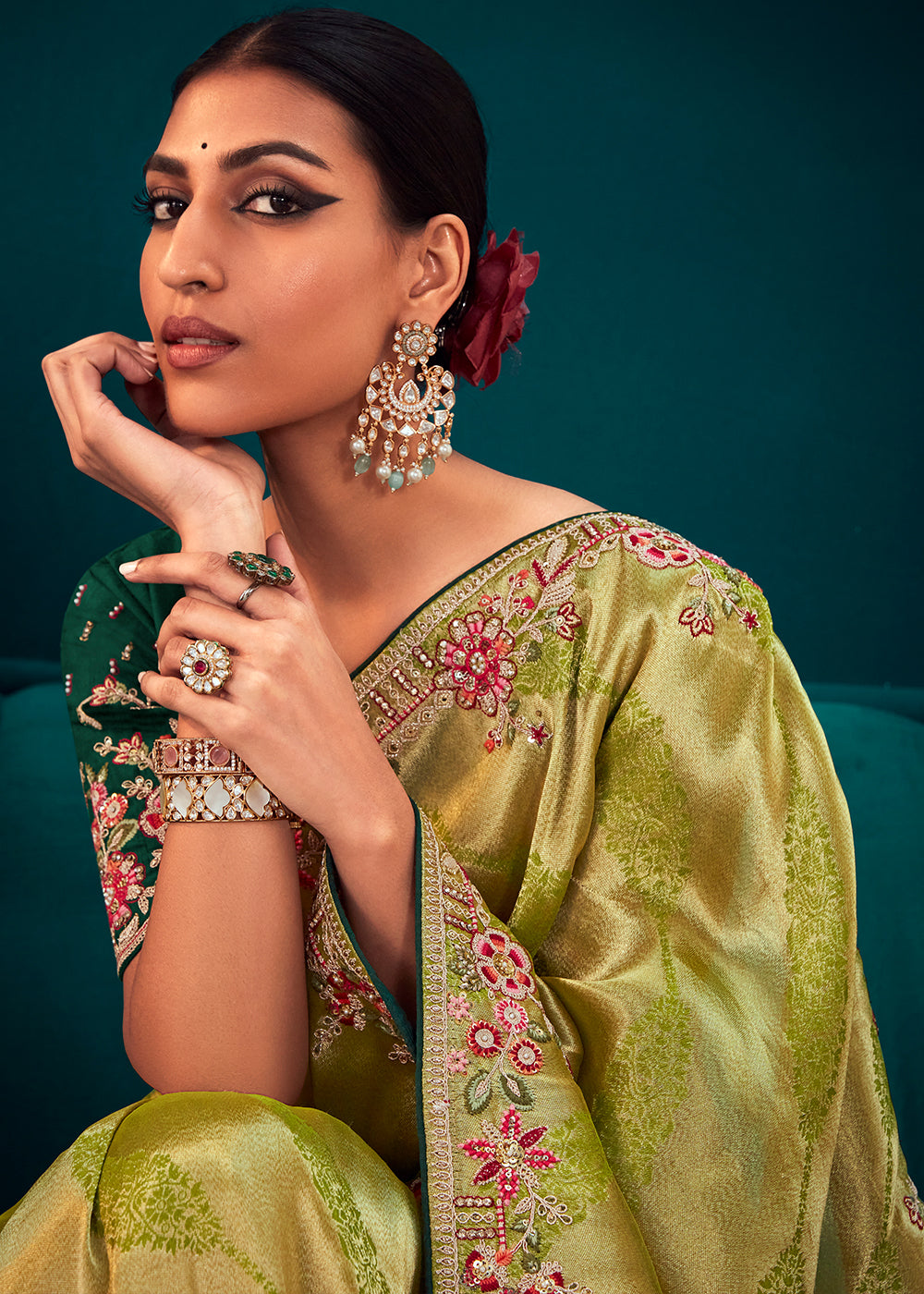 Golden Yellow Woven Kanjivaram Silk Saree with Sequin,Stone,Khatli & Pearl work - qivii